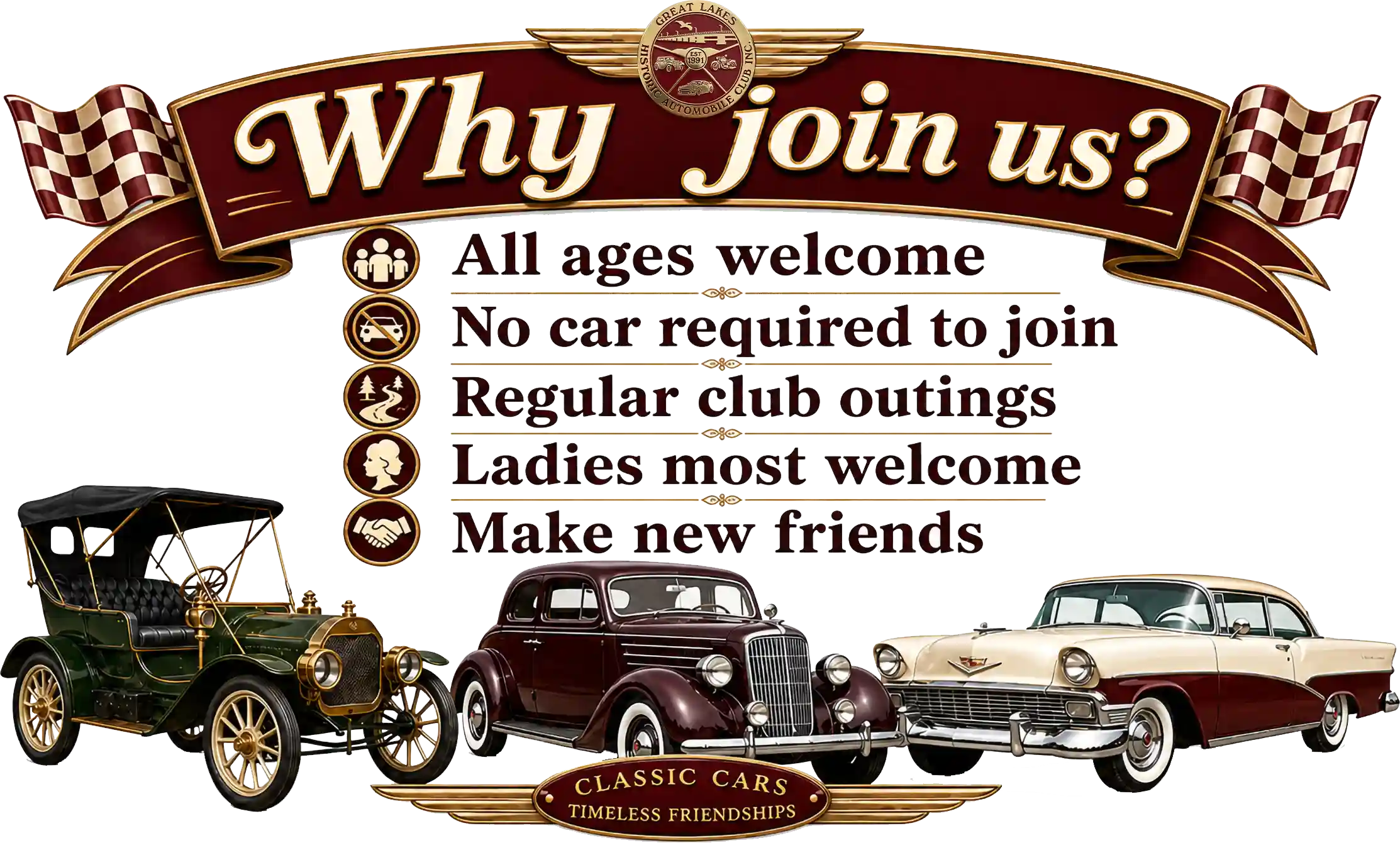 Why join us? All ages welcome, No car required to join, Regular club outings, Ladies most welcome, Make new friends